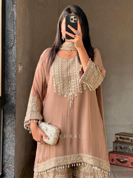 Aarunya Brown Georgette Palazzo Kurta Set with Zari Sequin Work