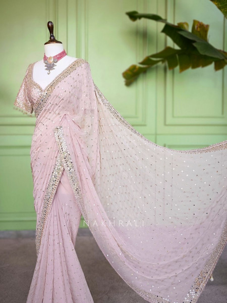 Liora Light Pink Georgette Saree Mirror Work