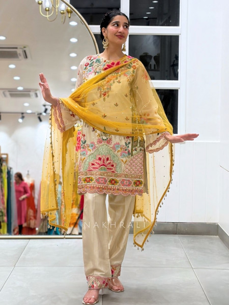 Fiesta Flora Cream Suit Set With Multicolor Floral Embroidery