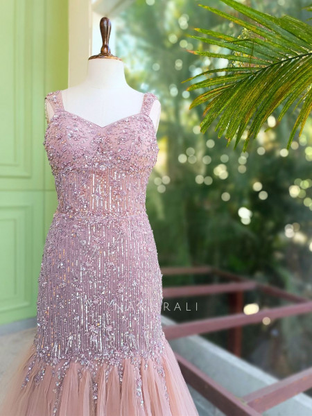 Roselle Pink Net Mermaid Gown with Sequin Work