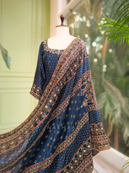 Neelira Blue Zari Gota Patti Layered Anarkali Set