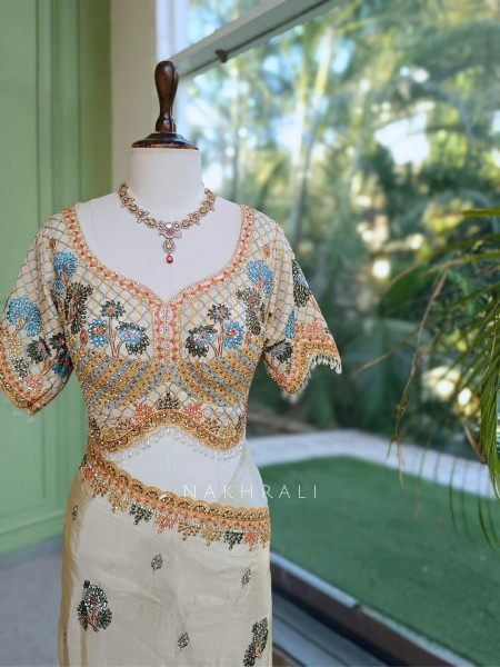 Shikargarh Cream Satin Crepe Designer Saree with Readymade Blouse