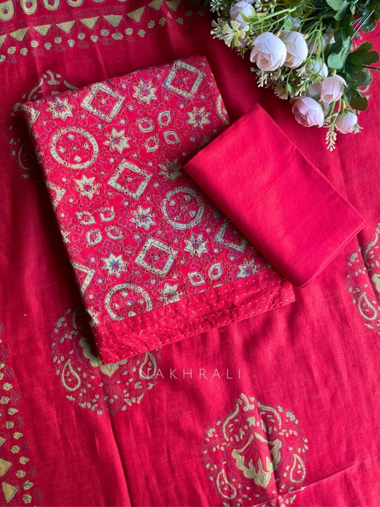 Image of Rivana Red Printed Dress Material with Handcrafted Motif Work