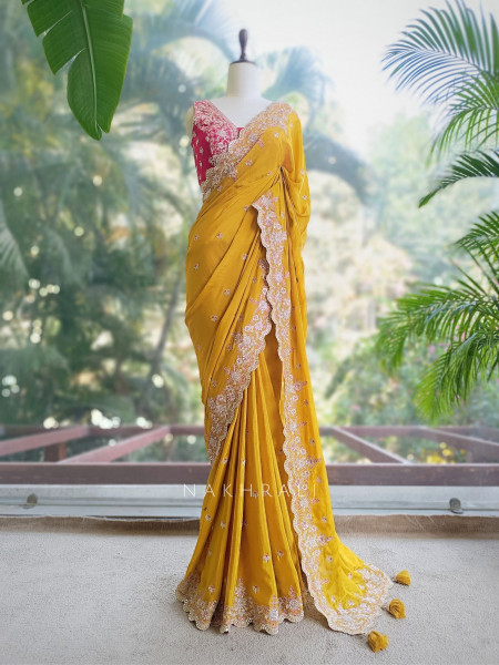 Zynira Mustard Saree with Zari Sequin Work