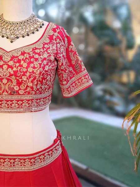 Kritisha Crimson Red Raw Silk, Silk Organza & Tulle Net Bridal Lehenga Set
