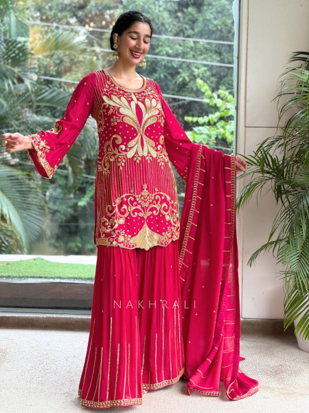 Begum’s Grace Magenta Georgette Sharara Suit Set