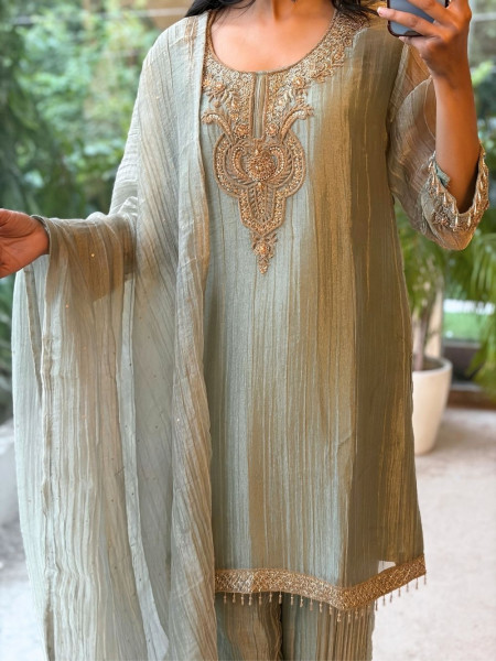 Kashini Sea Green Crinkle Tissue Silk Suit Set