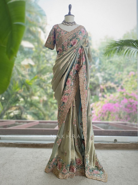 Siya Pista Green Floral Embroidered Saree with Readymade Blouse