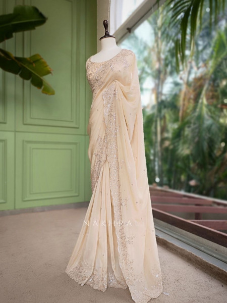 Mira Blossom Cream Saree With Sequin Embroidery