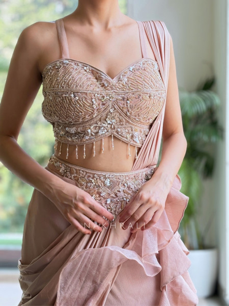 Fiorenne Pink Georgette Indo-Western Lehenga Set with Embellished Crop Jacket