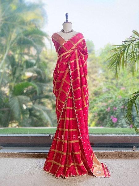Asmi Red Chinon Silk Zari Check Saree