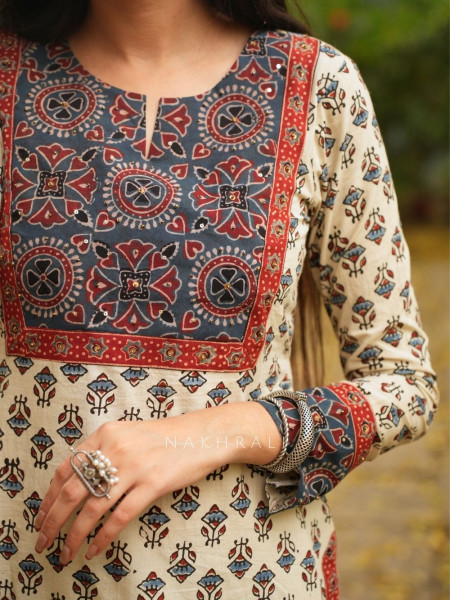 Yasmin Beige Cotton Kurta with Sequin Patch Work