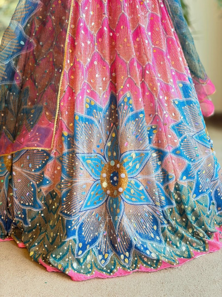 Azmira Blue Pink Floral Lehenga Set with Sequin and Bead Work