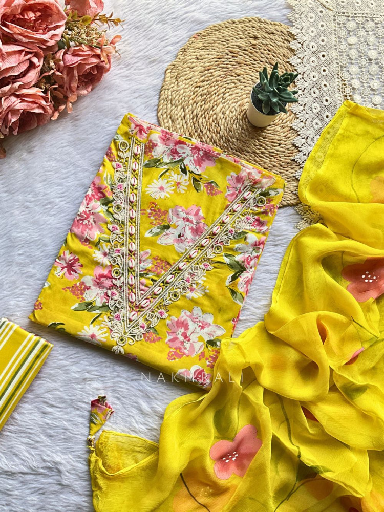 Image of Vasvi Yellow Cotton Floral Dress Material