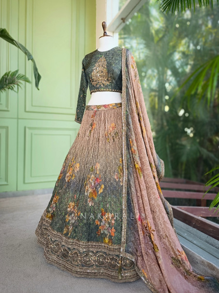 Olive Garden Printed Lehenga with Embroidered Blouse and Sequin Detailing