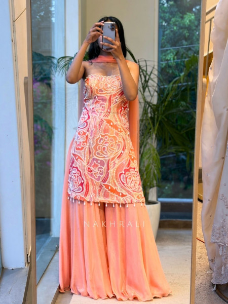 Sunset Pink Palazzo Suit Set With Floral Print & Embroidery