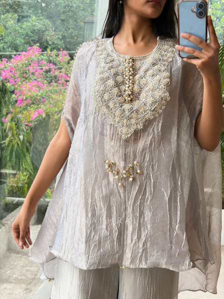 Nysa Grey Kaftan Set – Pearl & Sequin Yoke