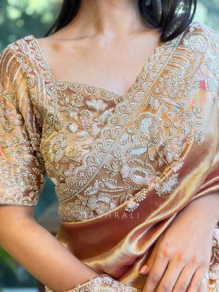 Radiant Caramel Gold Saree with Zardozi Work