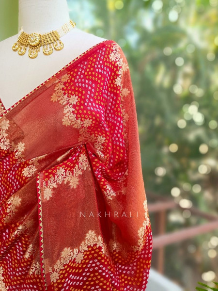 Morvyn Red Saree with Bandhani Print and Zari Weave