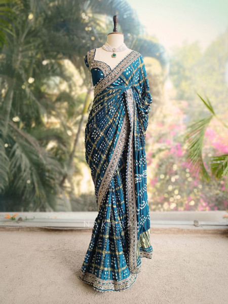 Noor-E-Riwaayat Blue Bandhani Saree with Zari Border