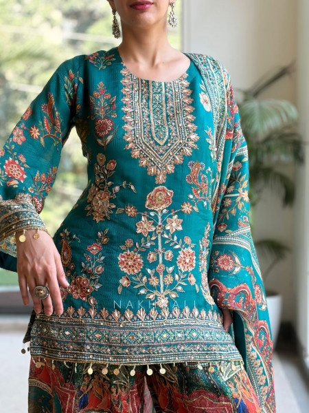 Shahi Gini Teal Green Sharara Suit Set with Pichwai Print