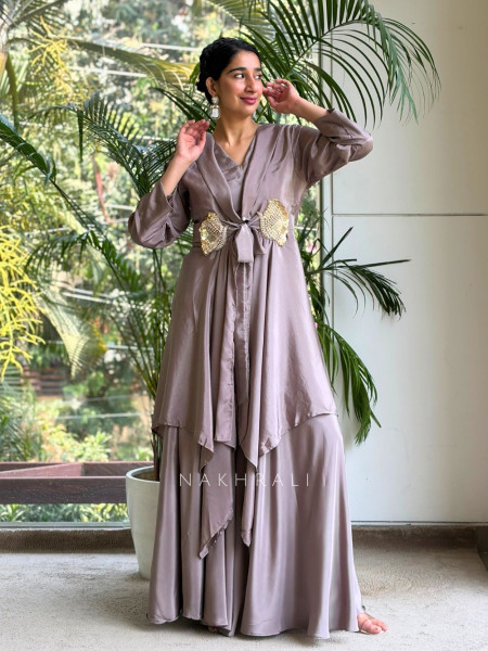 Avelora Brown Indo-Western Layered Set with Embellished Bow Detail