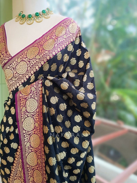 Obsidian Rose Black Banarasi Silk Blend Saree