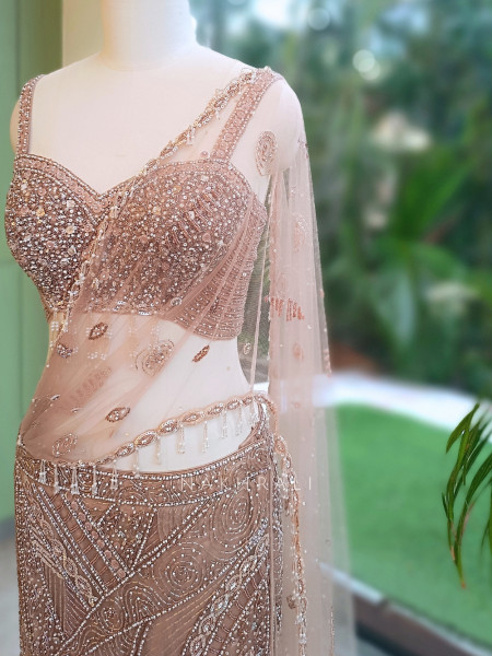 Cressida Beige Net Indo-Western Fishtail Lehenga Set