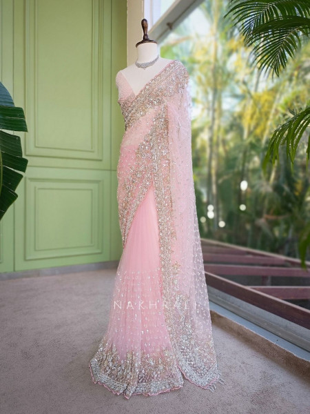 Starlit Pink Net Saree with Cut Dana Bead and Sequin Work