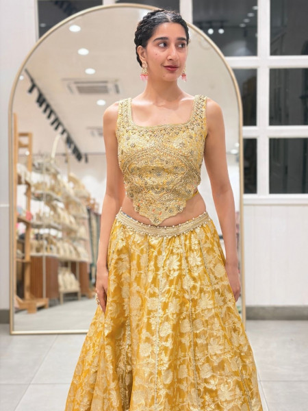Kaya Yellow Banarasi Silk Indo-Western Lehenga Set