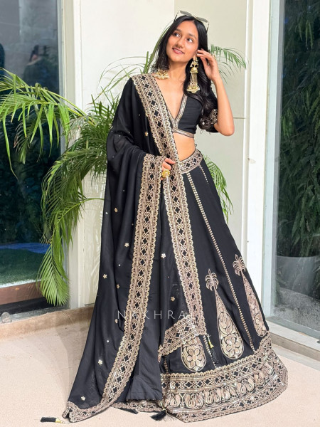 Medallion Black Art Silk Lehenga Set
