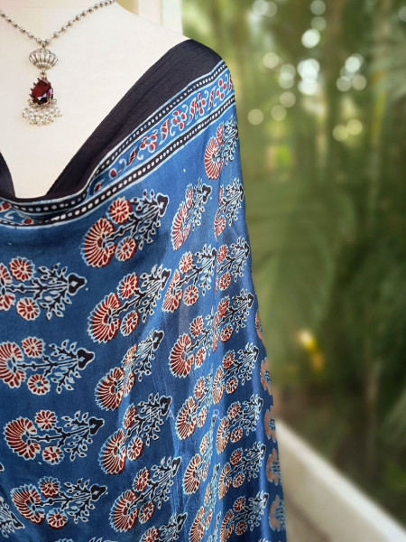 Iraaya Blue Modal Silk Dupatta with Ajrakh Print and Zari Accents