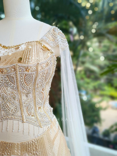 Arshiya Cream Indo-Western Lehenga with Beads and Cut Dana Work