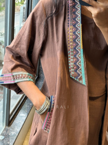 Brivon Brown Co-ord Set with Embroidered Jacket Detailing