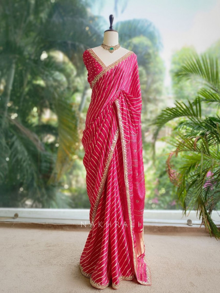 Gulnaar Red Saree with Zari Bandhej Work