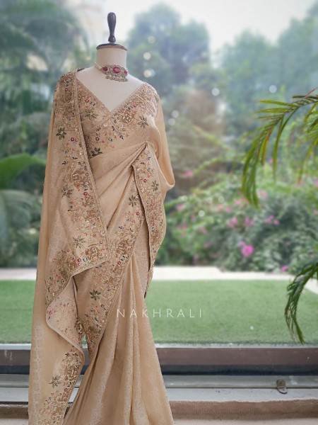 Varnikaa Cream Tissue Saree with Multicolor Resham & Zardozi Embroidery