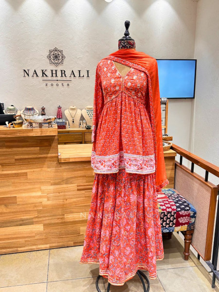 Ishya Orange Floral Gharara Set with Gota Work