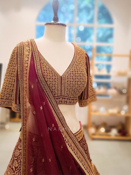 Veerangana Maroon Silk Bridal Lehenga with Zari Weave