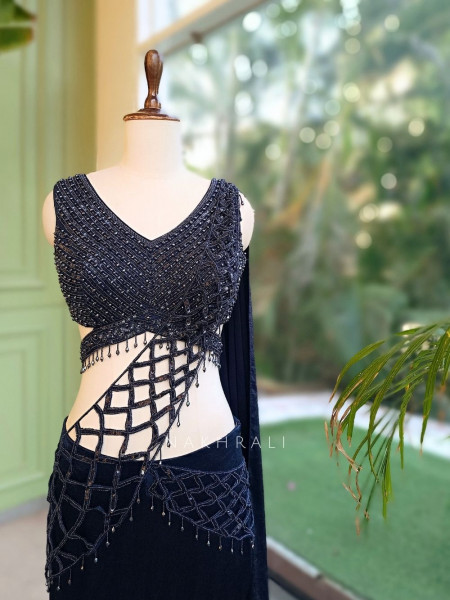 Shadow Fish-Cut Dark Navy Blue  Shimmer Metallic Georgette Silk Indo-Western Lehenga