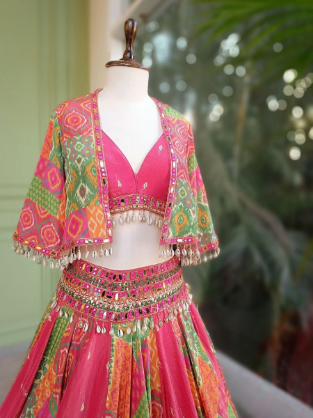Tarini Multicolor Ikat Lehenga Set with Jacket