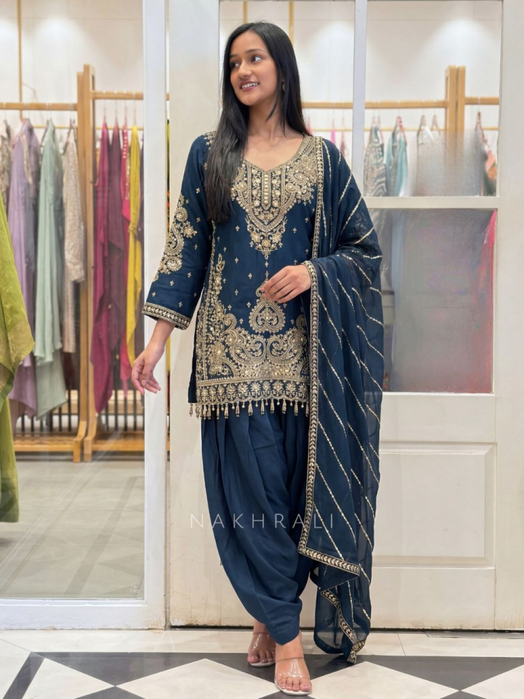 Image of Nirali Teal Blue Dhoti Pant Suit Set with Detailed Embroidery