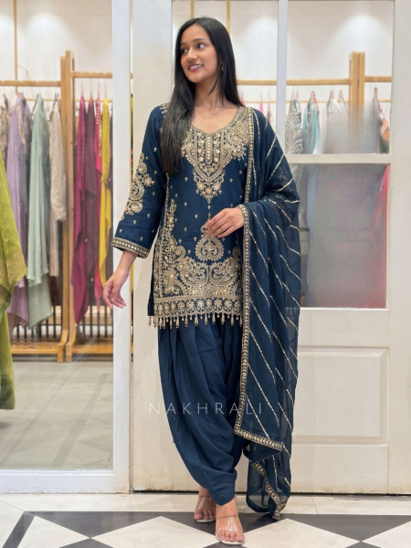 Nirali Teal Blue Dhoti Pant Suit Set with Detailed Embroidery
