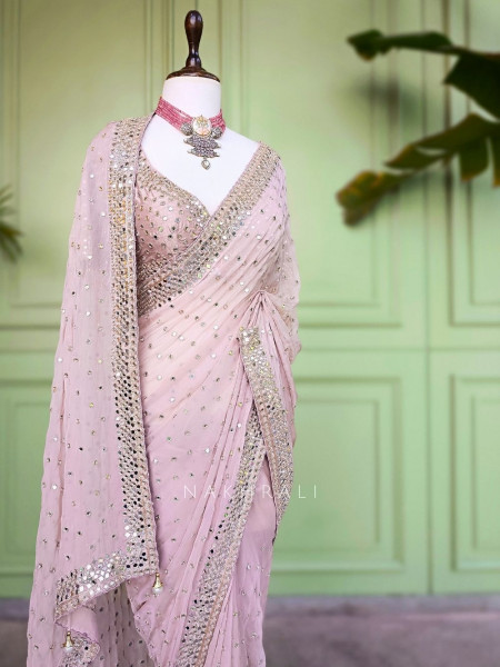 Liora Light Pink Georgette Saree Mirror Work