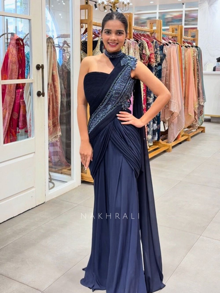 Image of Midnight Aura Blue Indo-Western Gown