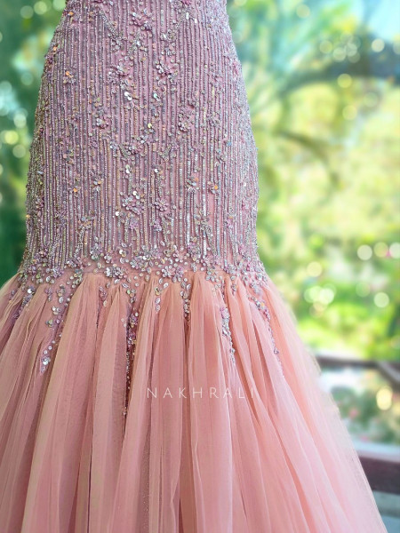 Roselle Pink Net Mermaid Gown with Sequin Work