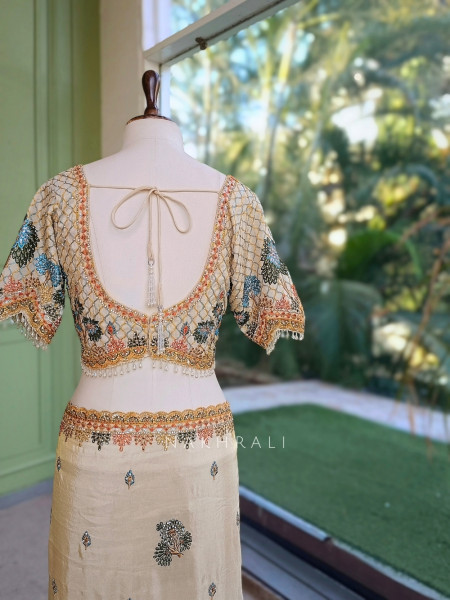 Shikargarh Cream Satin Crepe Designer Saree with Readymade Blouse