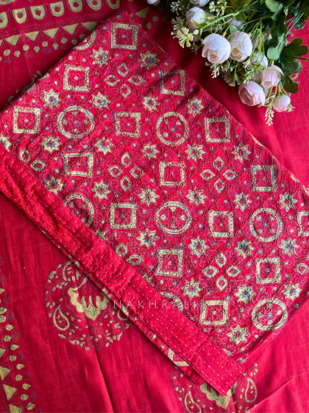 Rivana Red Printed Dress Material with Handcrafted Motif Work