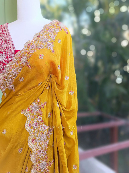 Zynira Mustard Saree with Zari Sequin Work