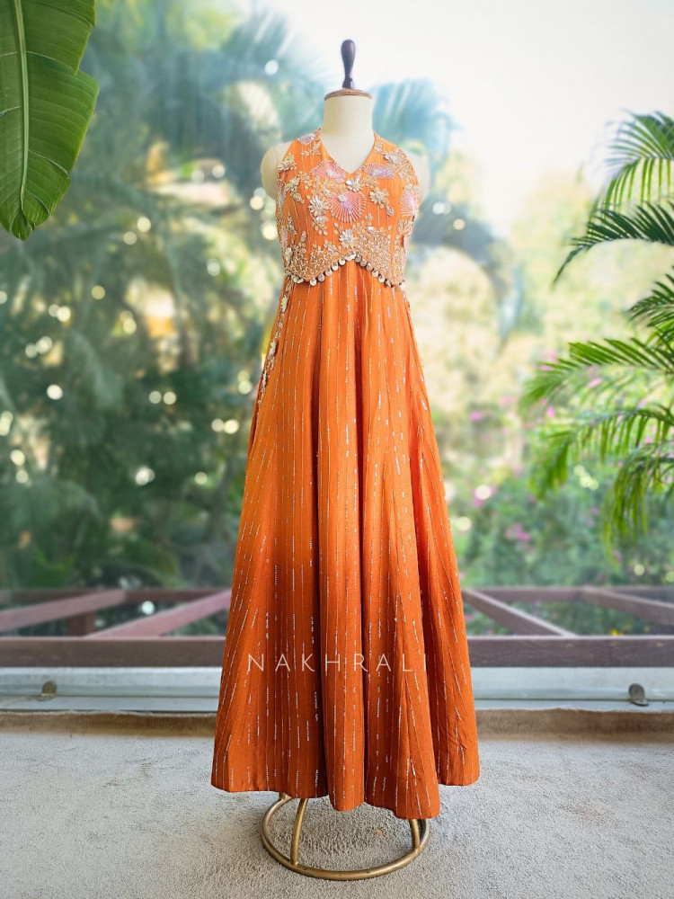 Image of Torvyn Orange Embellished Jumpsuit with Sequin Bead Work
