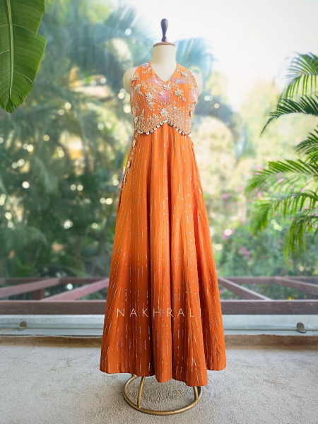 Torvyn Orange Embellished Jumpsuit with Sequin Bead Work